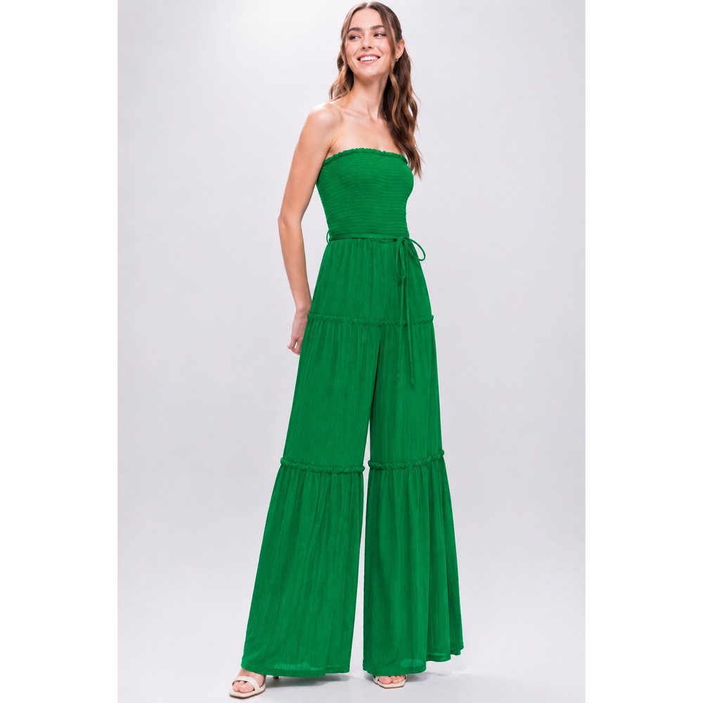 Love Tree Green Strapless Smocked Tiered Wide‎ Leg Jumpsuit Large